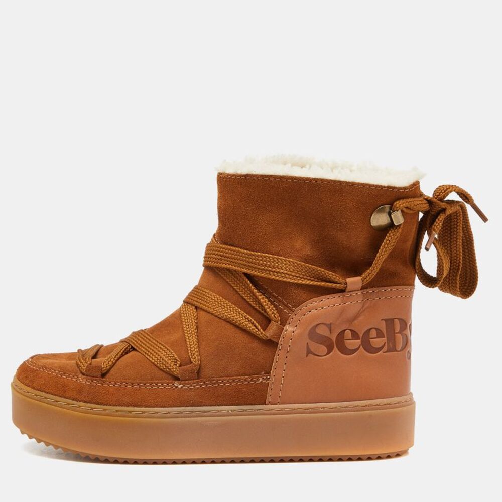 See by Chloe Brown Suede Lace Up Flat Ankle Boots Size 39